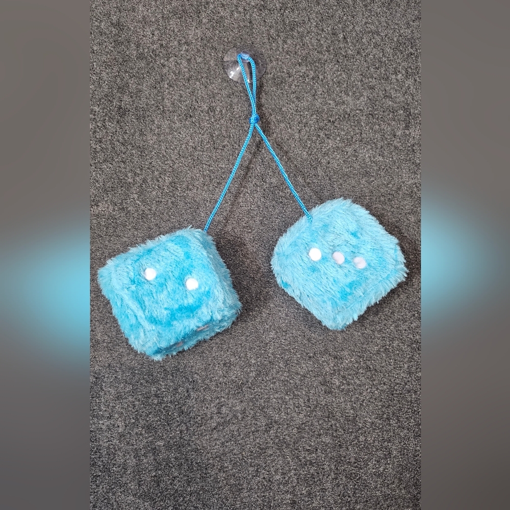 Fluffy Blue Dice Car Mirror Hanging Accessory - Picture 1 of 4